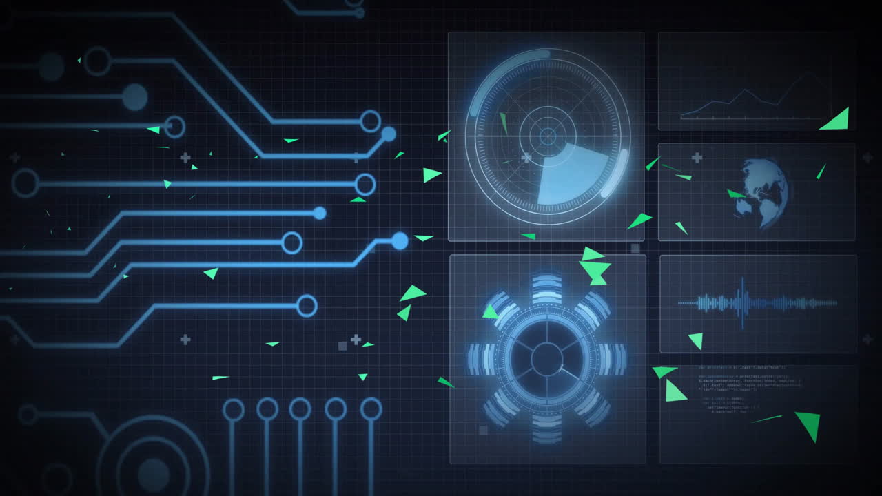 Animation of futuristic digital interface with circuit patterns in school setting