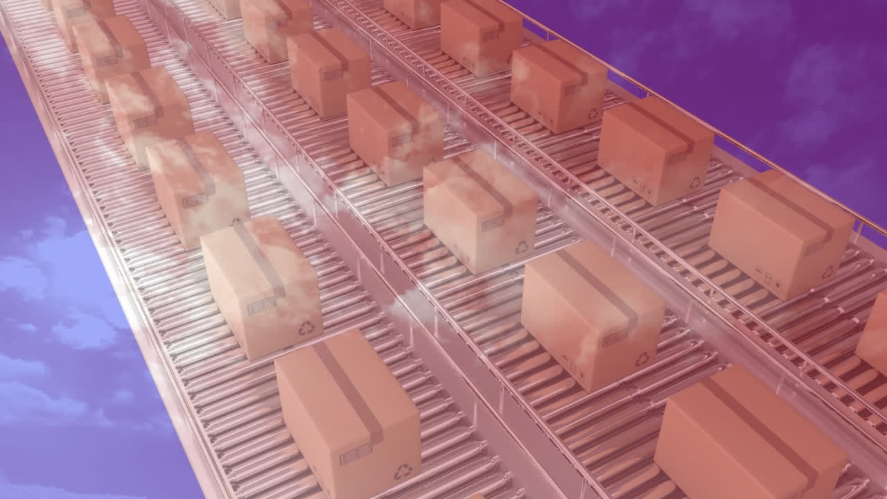 animación de flechas que apuntan hacia abajo sobre cajas de cartón en cintas transportadoras