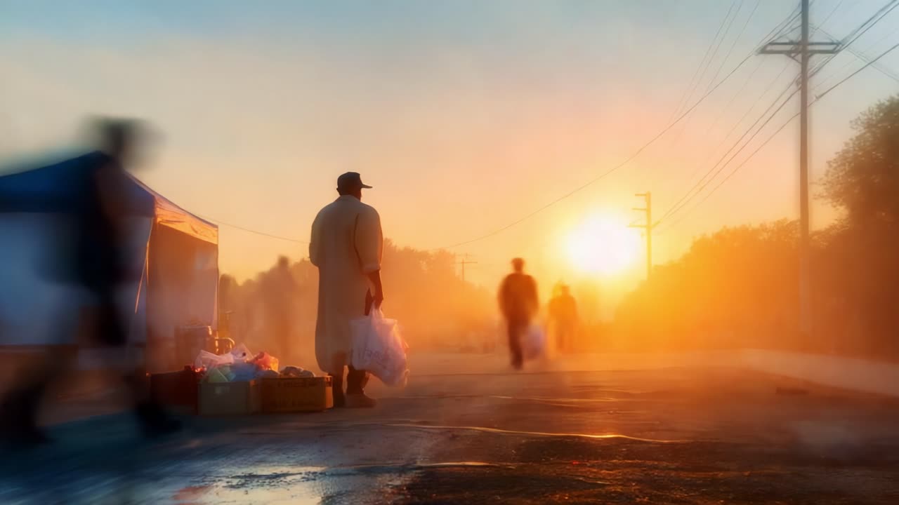 A vibrant scene at dawn captures the essence of a bustling marketplace, where shoppers engage amidst the ambient glow of the rising sun, enveloped in a soft haze of early morning mist