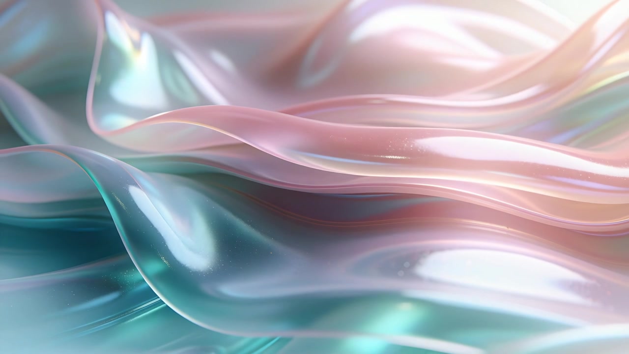 Gliding ribbon waves in studio macro refracting teal and pink hues as lighting shifts, sparkling