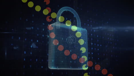 animation of dna strand and online security padlock over dark background