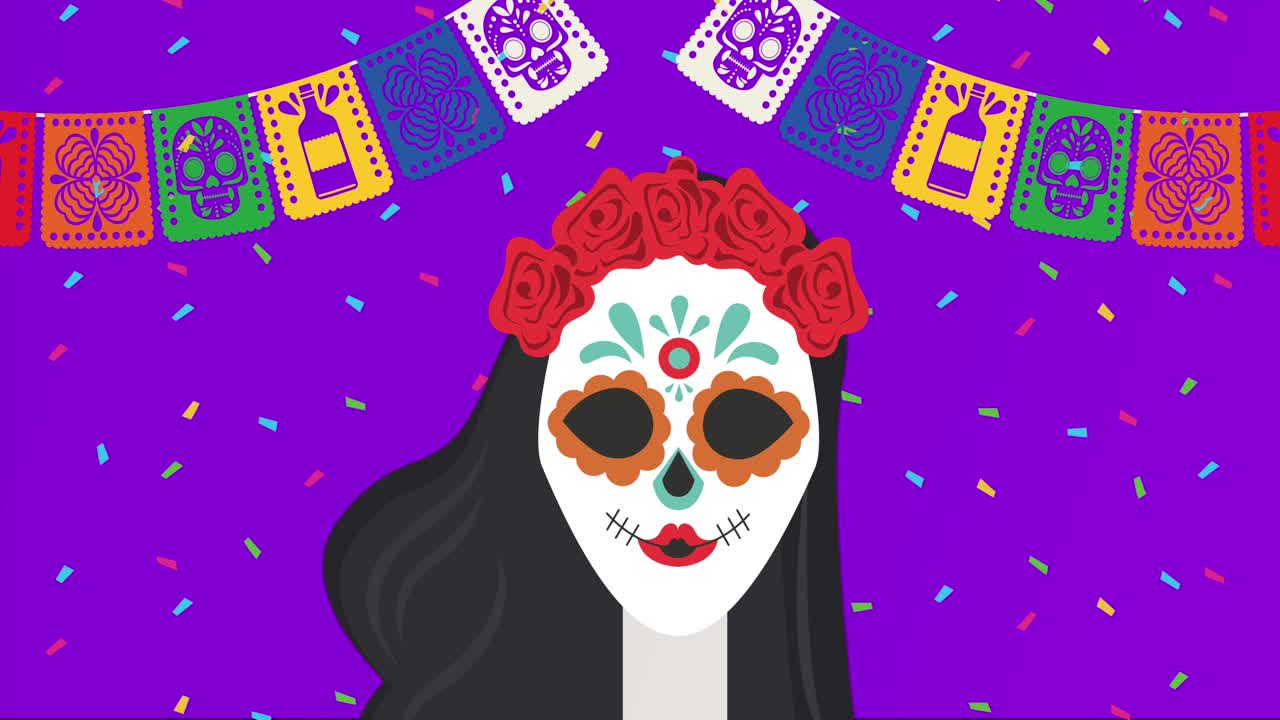 celebración del día de los muertos con la calavera de katrina y guirlandas