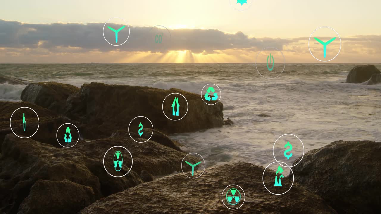 Green energy icons fading in then floating, rotating and grouping while visualizing sustainability