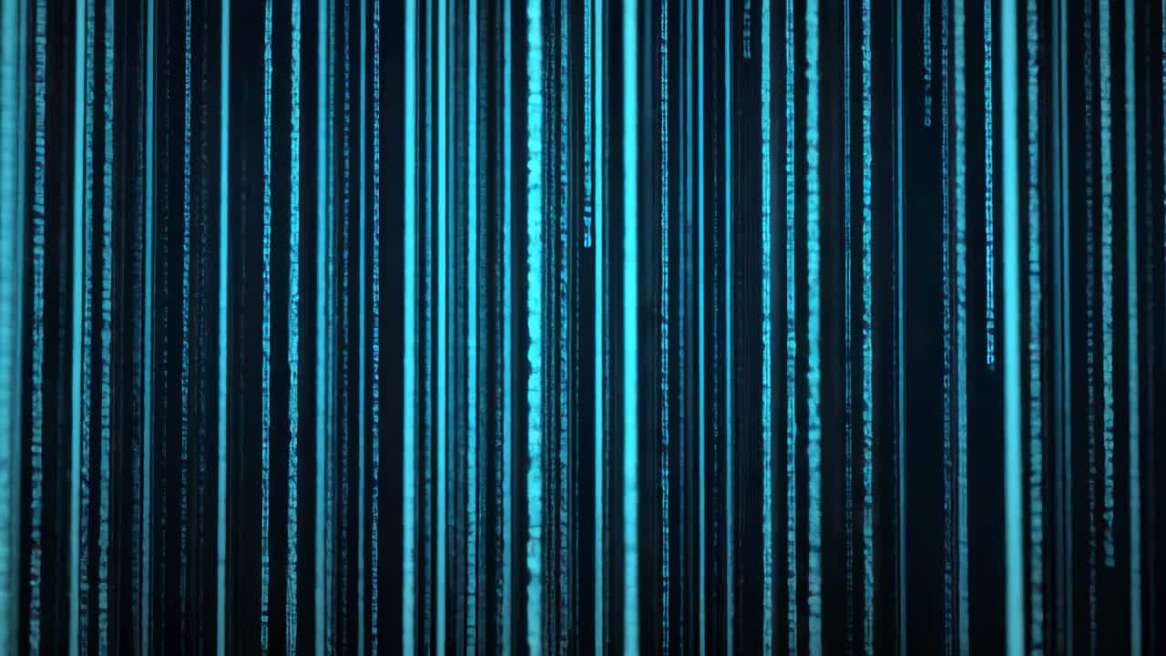 Beginning with dark screen, streaming blue digital code columns cascading down black void, pulsing