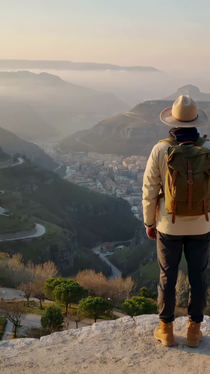 Video verticale: escursionista all'alba che scruta la strada di una città da una scogliera con zaino e scarponi, spazio per la copia