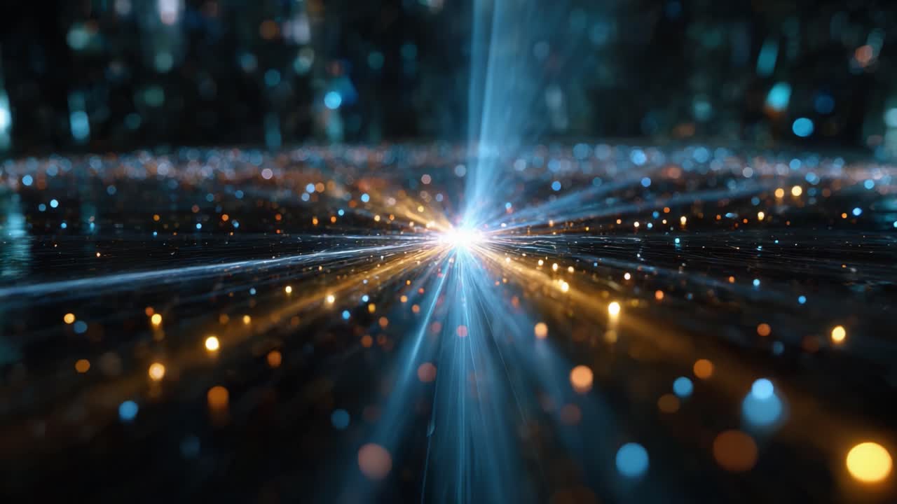 A mesmerizing display of lights emanating from a central point, showcasing a stunning array of sparkling particles in a vast, illuminated space