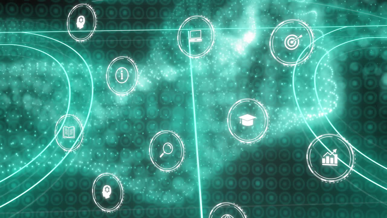 스포츠 필드 레이아웃에 대한 여러 디지털 아이콘과 녹색 디지털 파동의 애니메이션