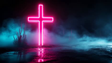 a neon cross emanating light in a foggy setting with a beautiful reflection on the water