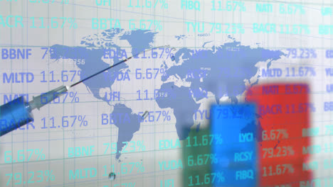 procesamiento de datos del mercado de valores sobre una jeringa con aguja contra el mapa del mundo