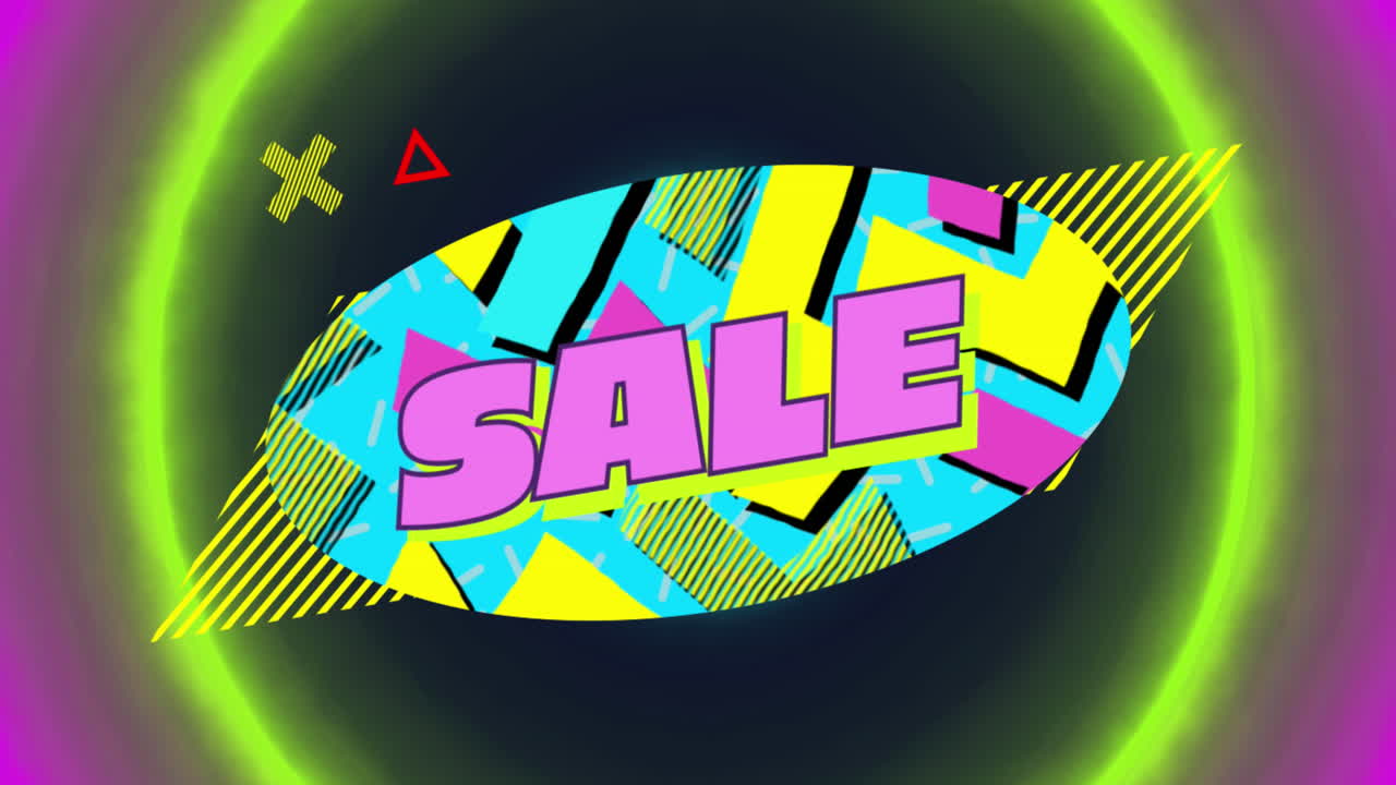 animación del texto de venta sobre un fondo de patrón vibrante retro