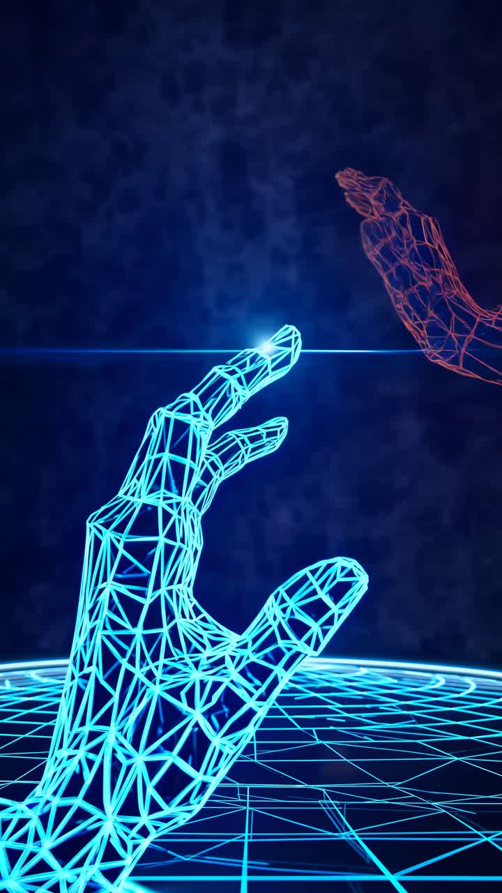 Futuristic video concept with a low-angle view of digital wireframe hands reaching out