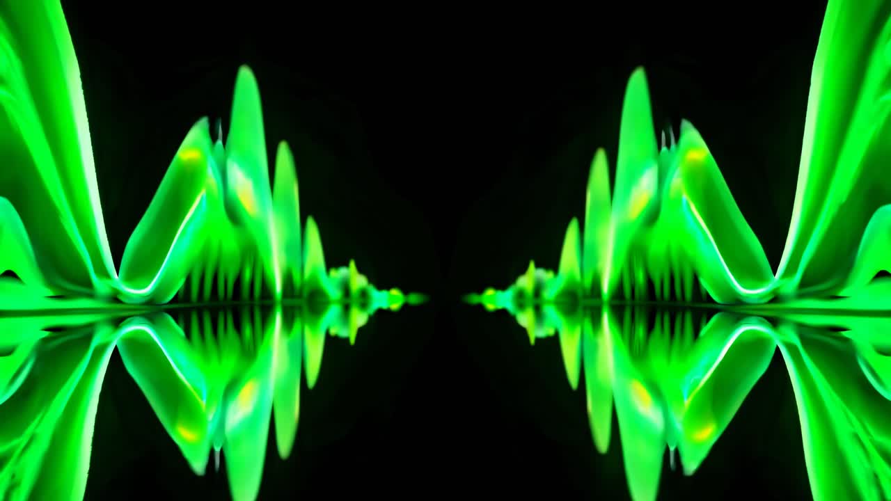 Abstract video of neon blue and green light waves, mirrored for symmetry