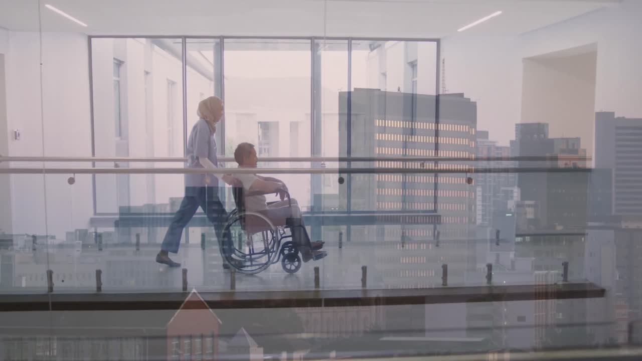 Animation of city over biracial nurse with patient in wheelchair