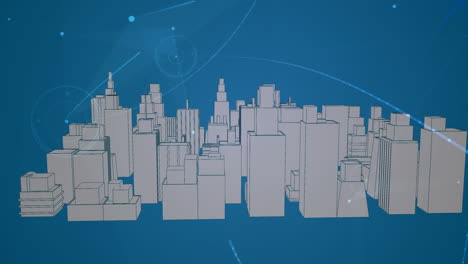 digital animation of network of connections against 3d city model spinning on blue background