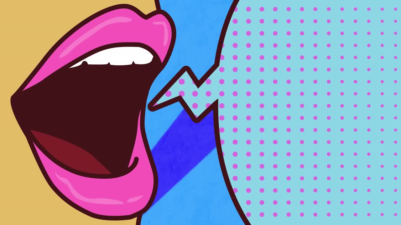 animación de burbuja de habla azul retro y boca abierta sobre rayas azules