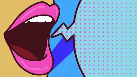 animation of retro blue speech bubble and open mouth over blue stripes