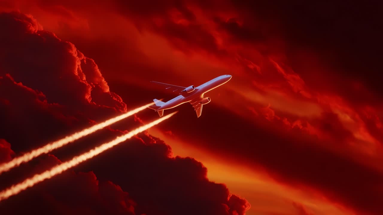 A Journey Through the Fiery Skies: An Airplane Ascending Above Vibrant Clouds at Sunset, Leaving Behind Contrails in a Dramatic and Colorful Sky, Capturing the Essence of Air Travel and Nature's Splendor