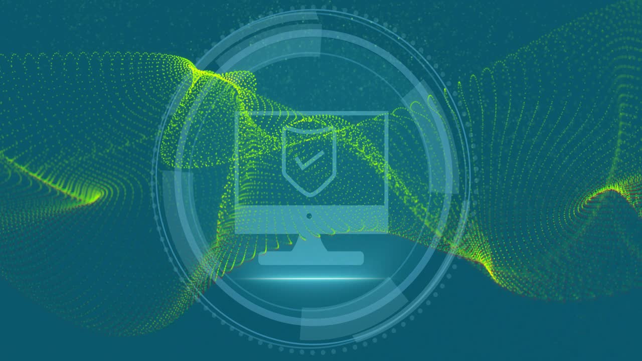 Upon loading wave sweeping, ring emerging, rotating monitor with shield reinforcing Cyber Security
