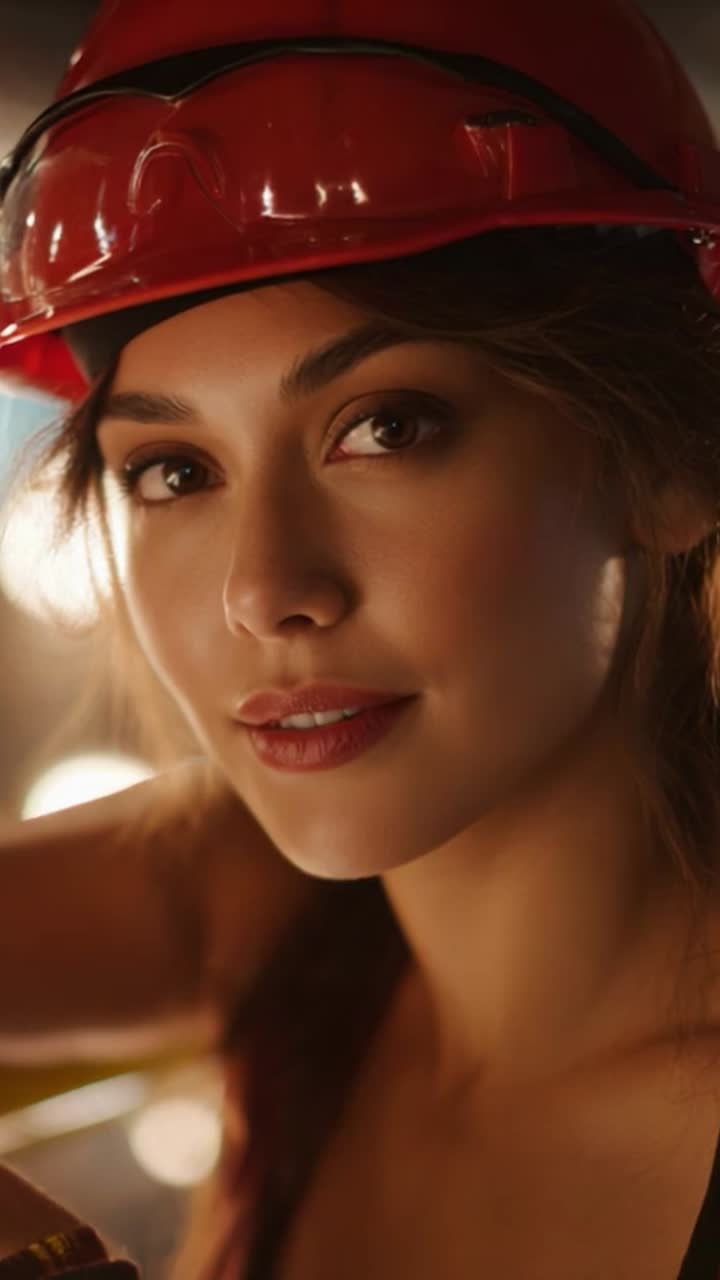 A confident woman wearing a red hard hat, exuding strength and determination while posing for the camera in a vibrant, dynamic work environment
