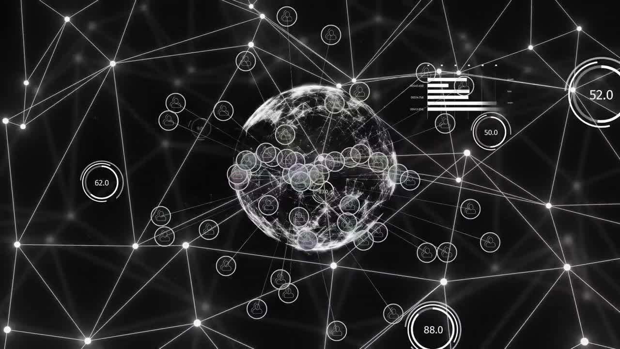 Animation of statistics, globe with network of connections