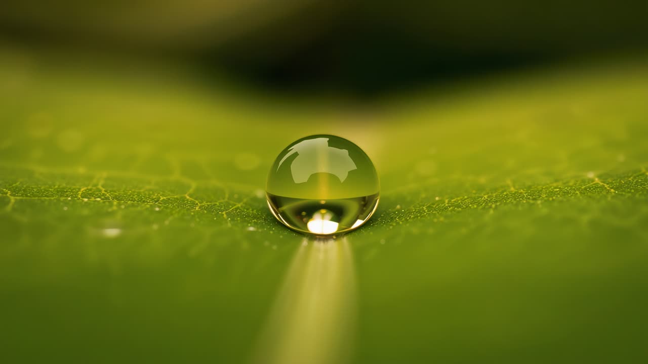 Variazione della luce che causa una singola goccia trasparente rivelando un punto luce speculare sulla nervatura di una foglia verde