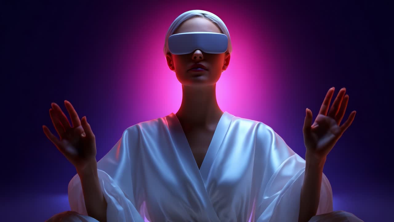 A meditative figure adorned in a flowing white robe and futuristic eyewear, exuding serenity and enlightenment within an ethereal glow, captures the essence of tranquility in a mesmerizing visual narrative