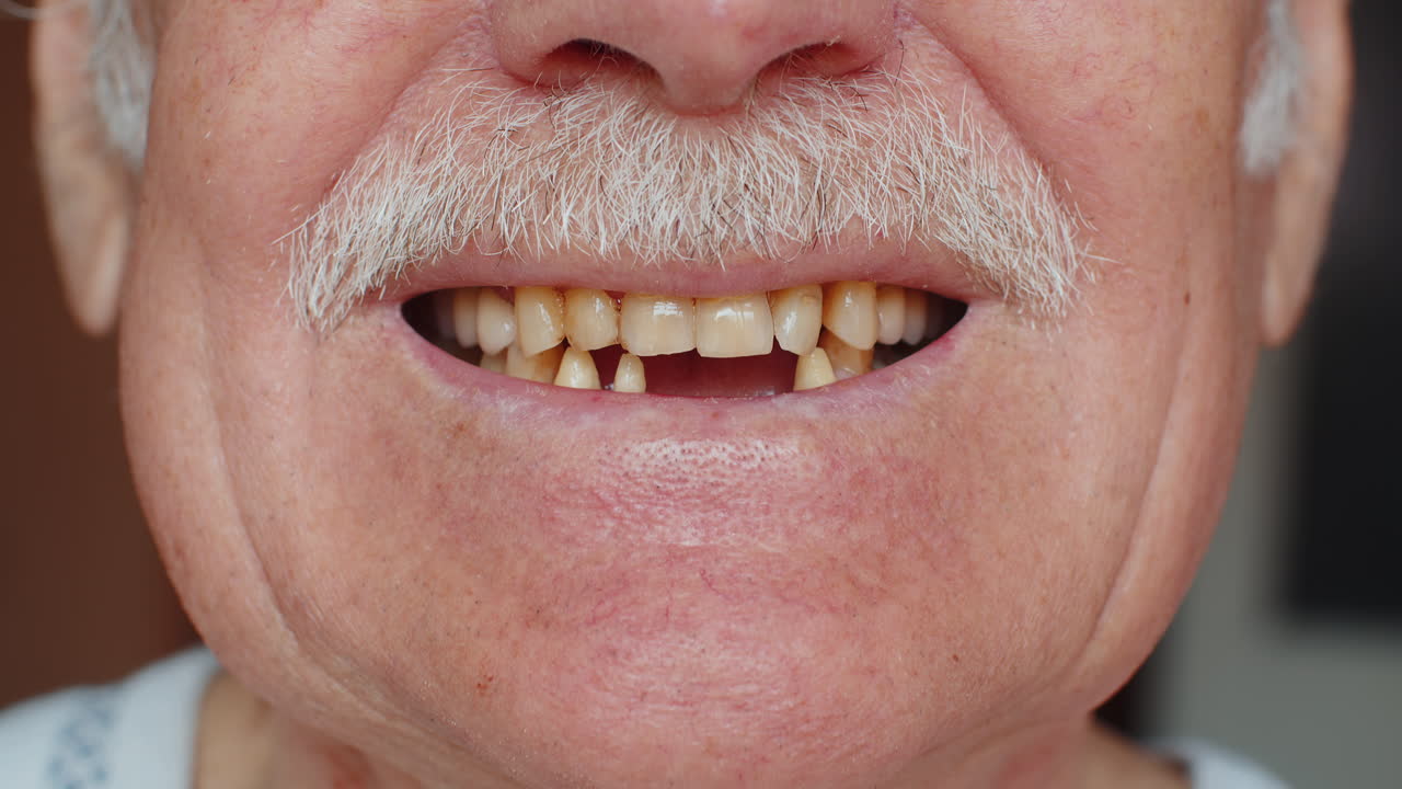 Toothless male smile mouth of senior elderly old man dental problem bad rotten teeth loss caries
