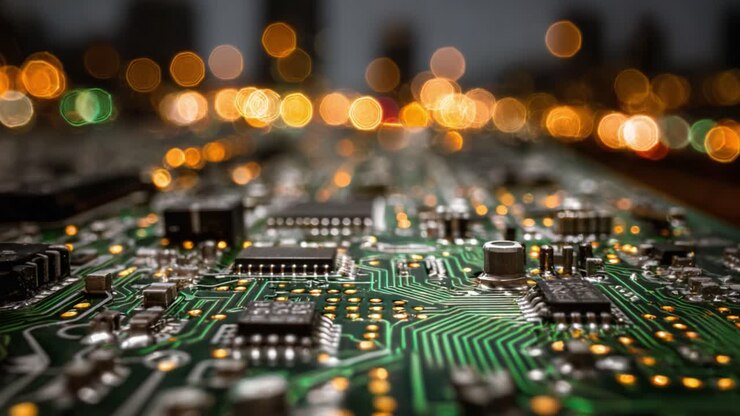 Indviklet design af printkort under bløde, glødende lys, der viser elektroniske komponenter og komplekse mønstre i nærbillede for teknologi entusiaster og innovatører