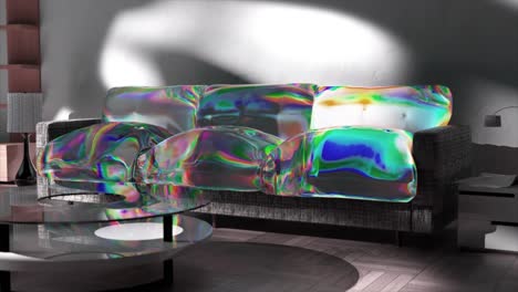 sofá iridescente abstracto en una sala de estar moderna
