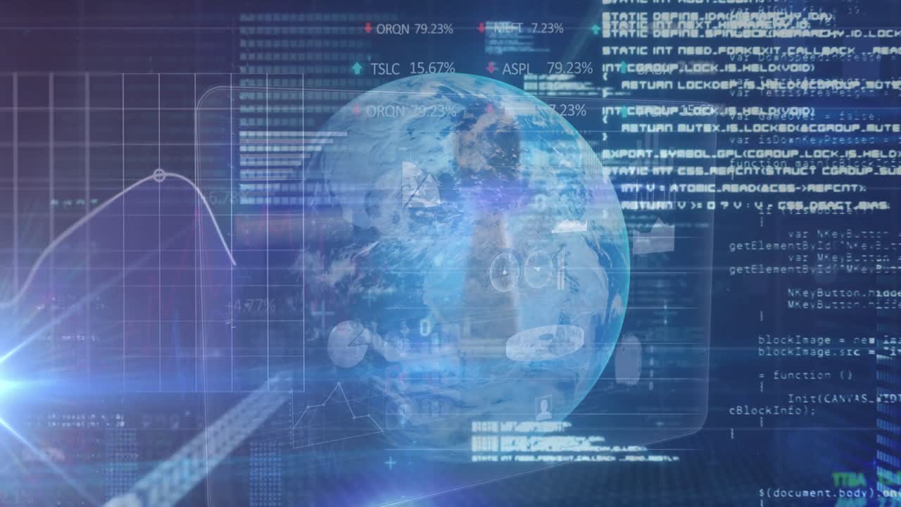 Animation of data processing over globe spinning on blue background