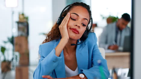 Call-center,-tired-and-bored-woman-in-office