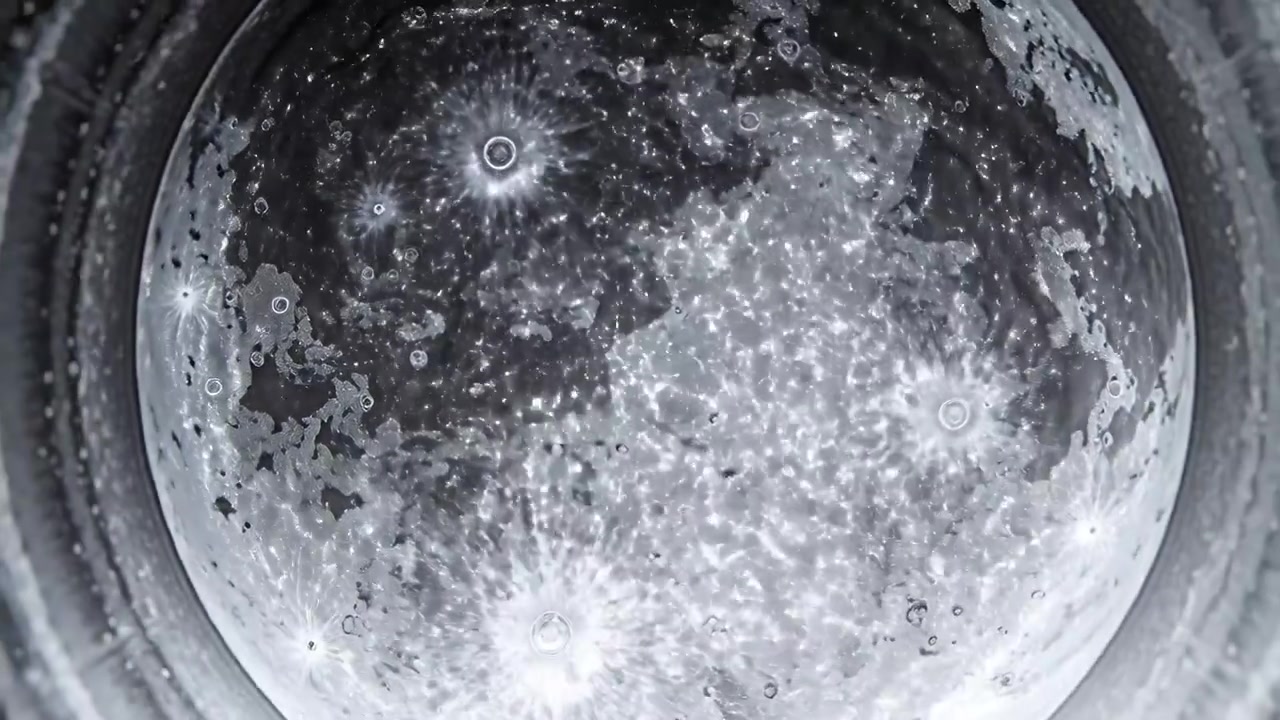 Telecamera che panoramica rivelando un disco circolare craterizzato attraverso un'apertura per mostrare il bordo e gli anelli concentrici.