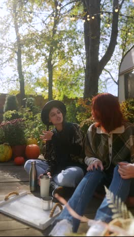 two friends enjoying autumn day outdoors