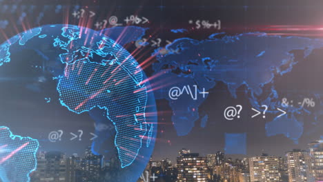 animation of spinning globe and data processing over city scape