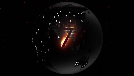 animation of number 7 in flames over globe on black background