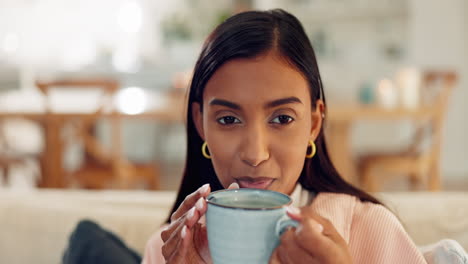 indian woman, morning or coffee to relax with calm