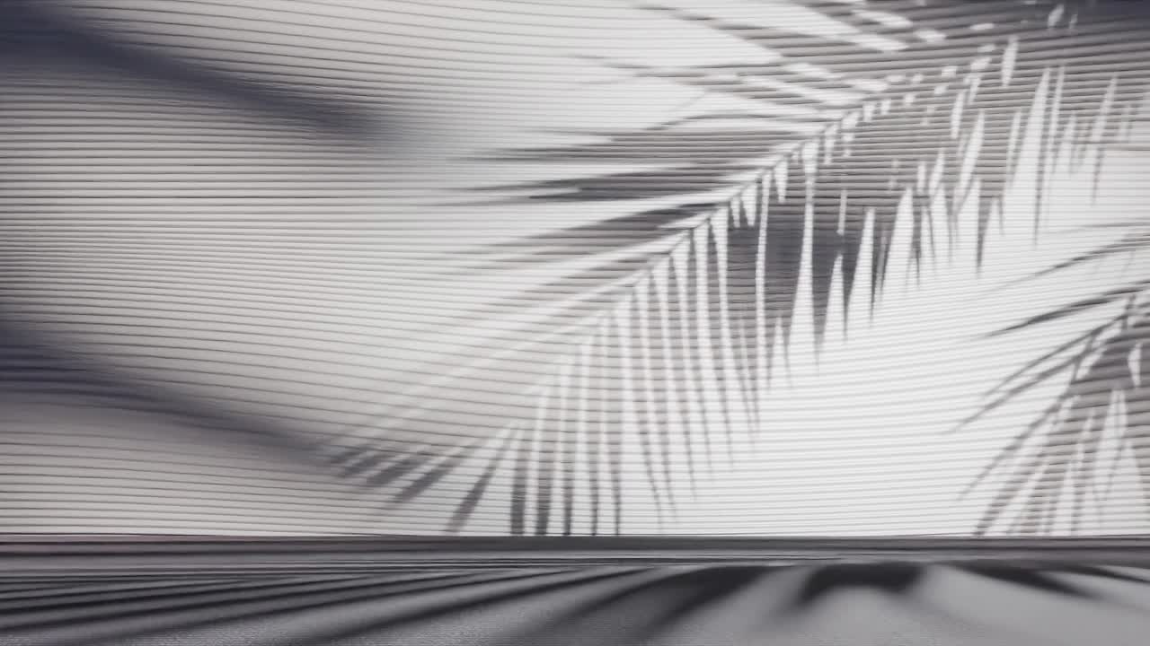 Palm leaf shadows on ribbed white wall and floor. Minimalist background scene. Tropical summer and vacation concept. Design for wallpaper, banner, header, poster. Front view with copy space