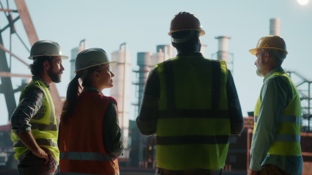 Industrial workers and engineers observing a refinery or plant site