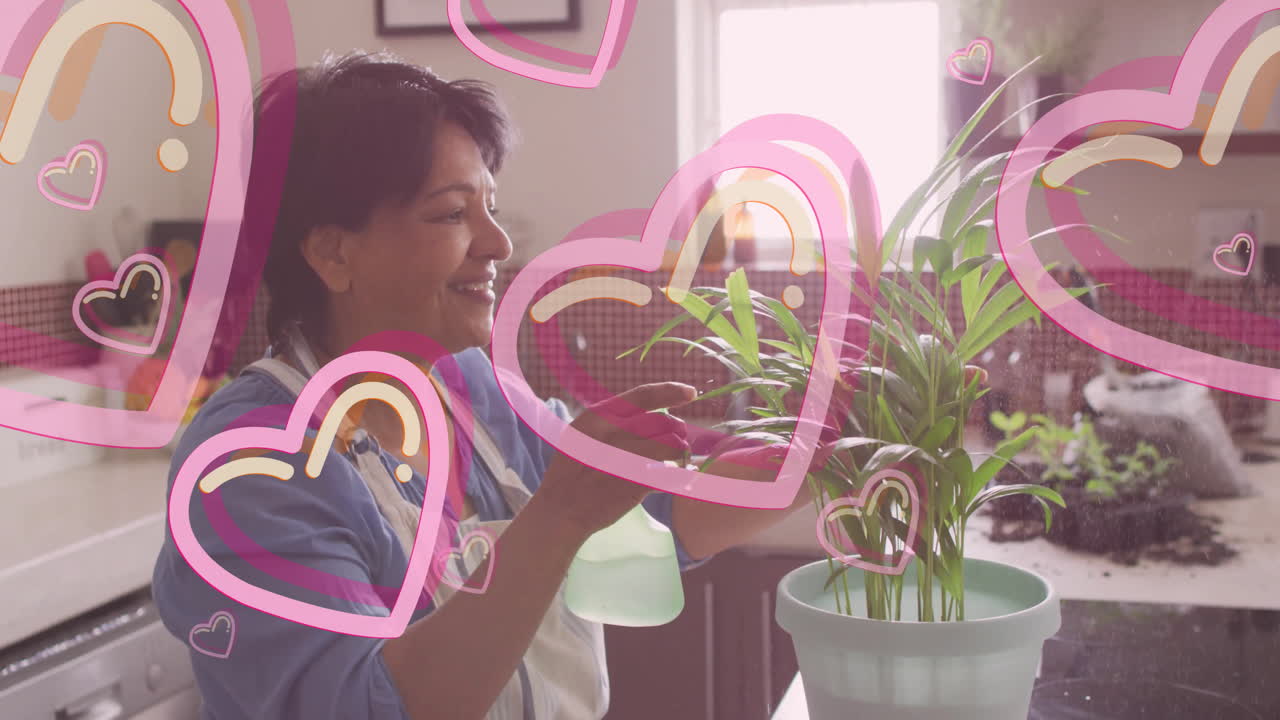 Woman tending to houseplants with pink heart animations overlaying scene