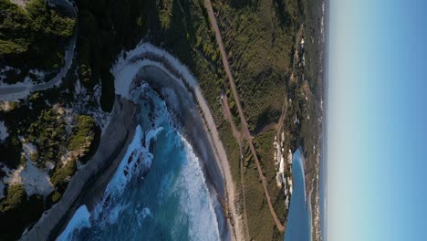 vertical drone shot of blue heaven beach with green coastline and bay in western australia