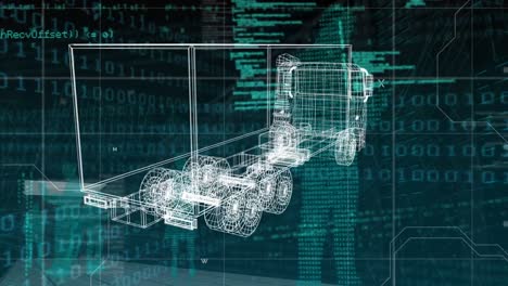 Animation-Eines-LKW-Projekts,-Das-Sich-über-Die-Datenverarbeitung-Im-Grünen-Und-Schwarzen-Raum-Dreht