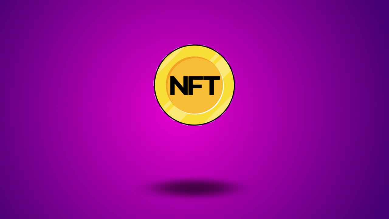 animazione di monete d'oro nft. sfondo viola. criptovaluta e concetto di blockchain. 4k