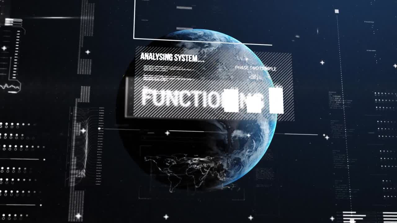Animation of text and data processing over globe