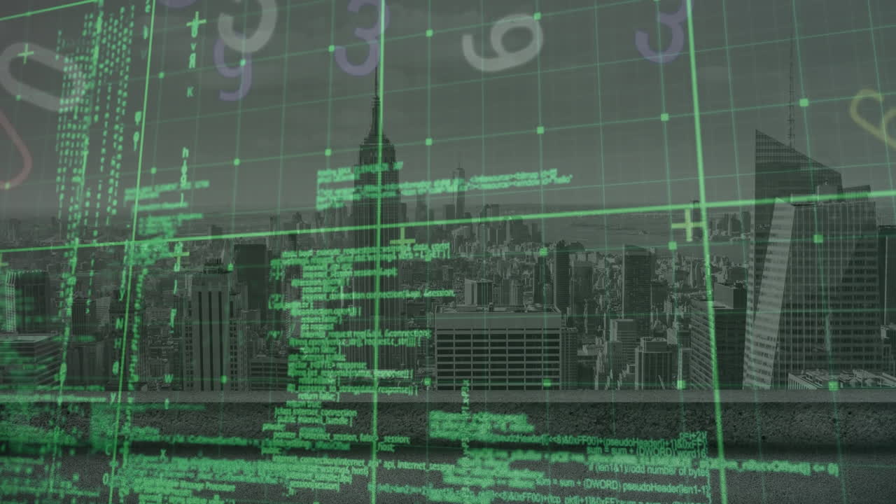Animation of letter, numbers and computer language over modern city against sea and sky