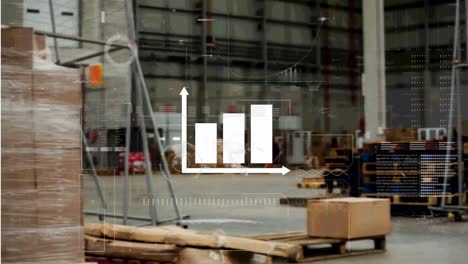 Bar-graph-icon-and-digital-interface-with-data-processing-against-warehouse-in-background