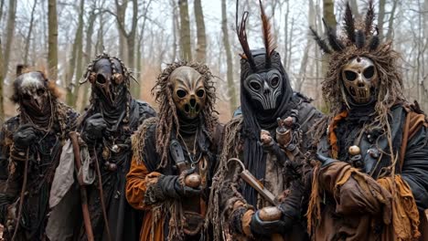 un grupo de personas con máscaras en el bosque