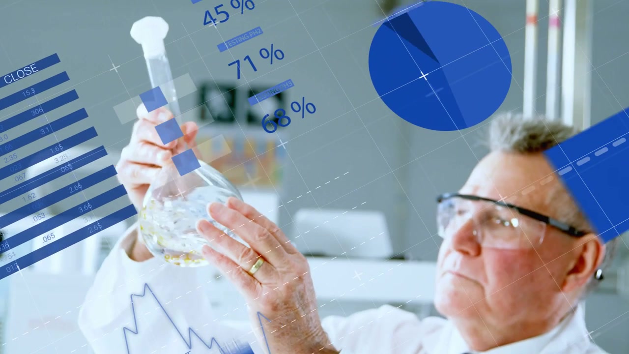 Senior scientist reaching up, rotating flask in lab, aligning with blue overlays, checking clarity