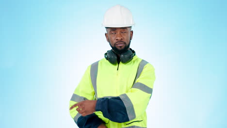 Pointing,-construction-and-black-man-in-studio