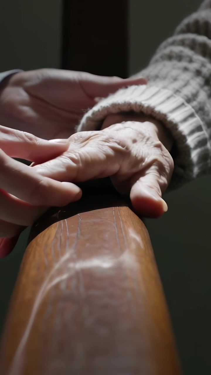 Video verticale: Un adulto con polsino bianco si allunga per sostenere la mano di un anziano sul corrimano delle scale, manica a coste.
