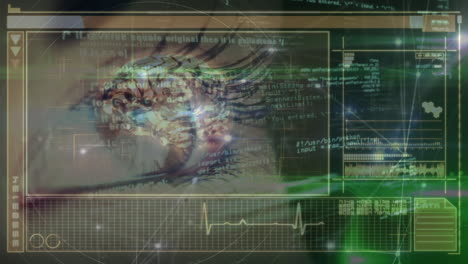 Animation of interface with data processing over close up of a female eye
